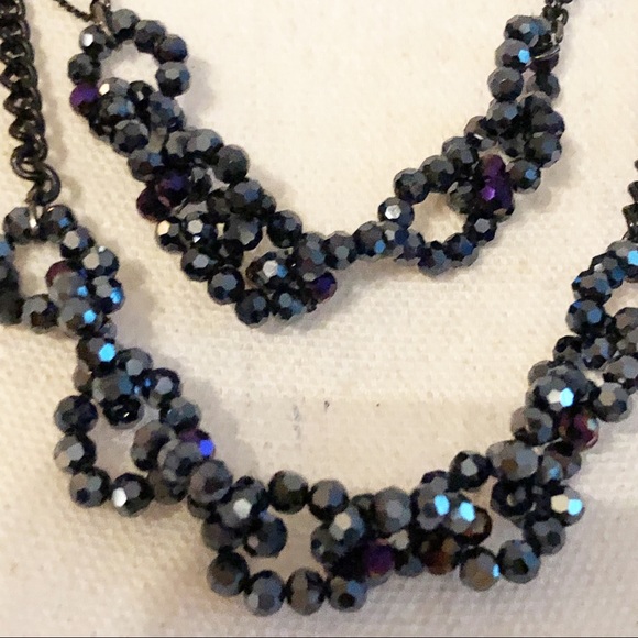 Navy Blue Jewel Beaded Double Layered Necklace with Gun Metal Chain - Picture 5 of 12